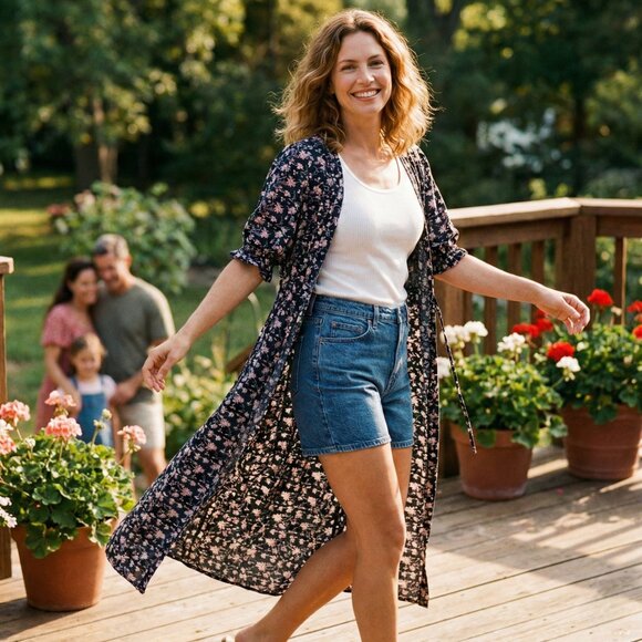 NATURAL LIFE Sweaters - Natural Life Womens Small Duster Robe Dark Floral Rayon Cottagecore Boho Festive